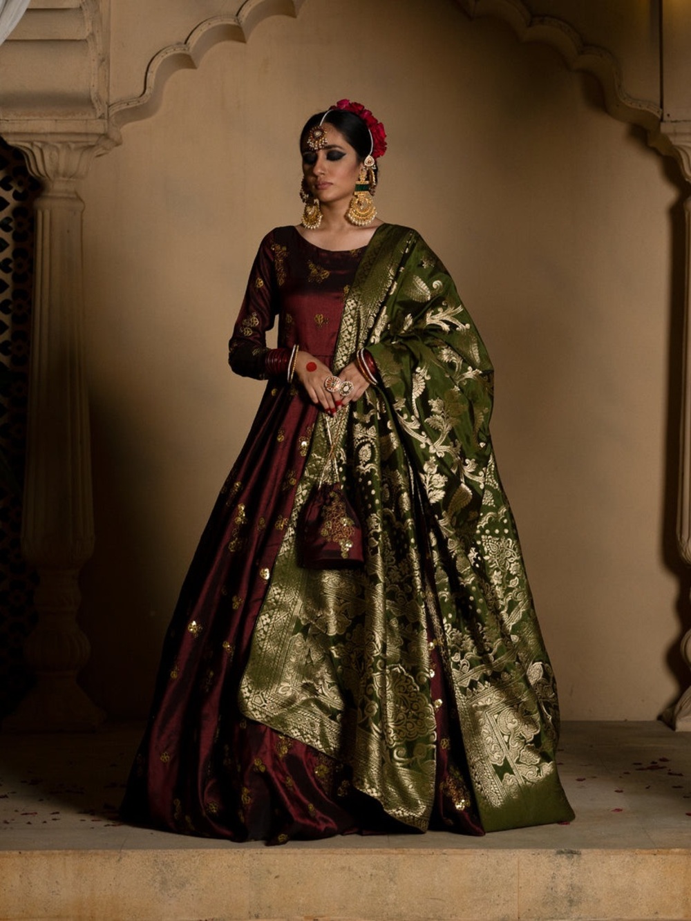 Maroon and Olive Green Bridal Anarkali Dress with Banarasi Dupatta